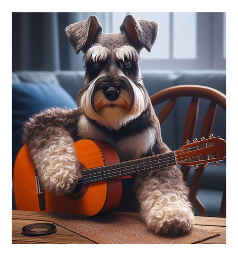 Vinilo 100x100cm Schnauzer En Su Casa Tocando La Guitarra