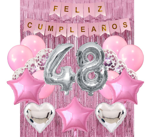 Combo Kit Cumpleaños Fiesta Globos Deco Rosa Plata