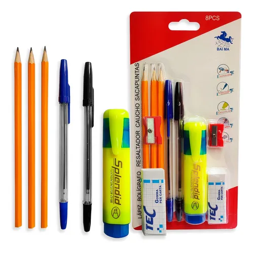 Pack Lapiz Pasta Negro Azul Grafito Goma Destacador 8 Pcs