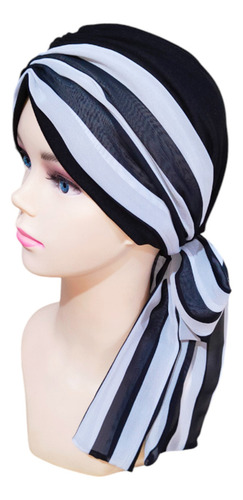Turbante Para Mujer Gorro Algodón /banda De Shifon-mascada Color Negro Rayas
