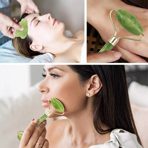 Rodillo De Jade Y Guasha Kit Masaje Facial Antiedad Tonifica