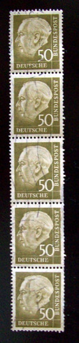 Alemania, Tira 5 Sellos Mi. 261x Heuss 50pf Usada L4602