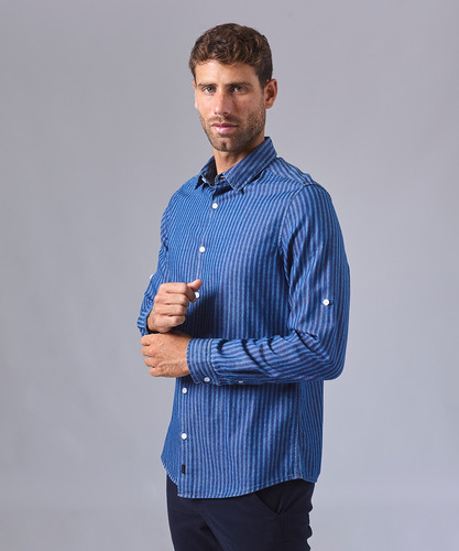 Mbo Camisa Ml Denim A Rayas Classic Fit Azul A Rayas