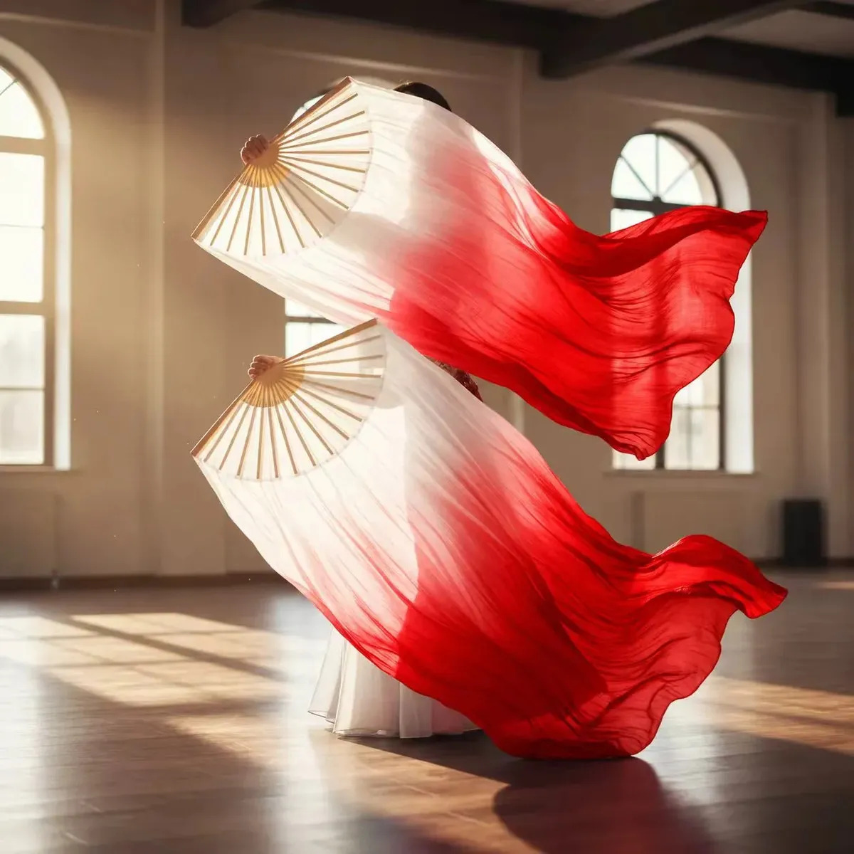 Pack de 2 Abanicos de Danza del Vientre de Seda Artificial con Bambú para Baile, 1.5 m De Seda Plisado Degradado Paradanza Del Vientre, Plegables y hechos a Mano