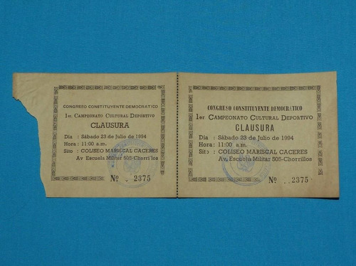 Antiguo Ticket Congreso Constituyente Democrático Perú 1994