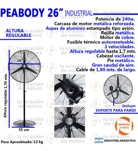 Ventilador De Pie Industrial Peabody 26 Aspas Aluminio