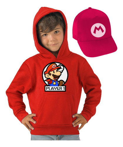 Poleron De Niño Con Capucha Mario Bros Player 1 + Jockey Full