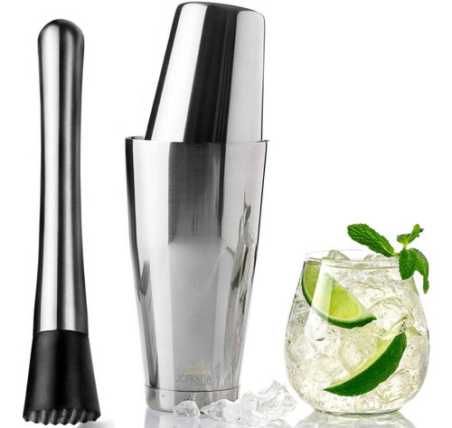 Kit Coqueteleira Boston Inox 16/28oz + Socador De Caipirinha Cor Prateado