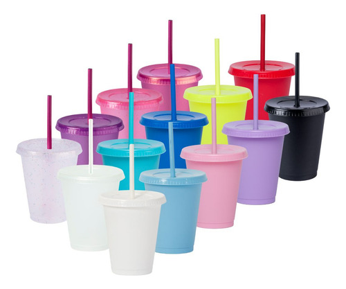 40 Vasos Uupz Mini Sun 473 Ml Con Tapa Y Popote De Plastico Color Combinado