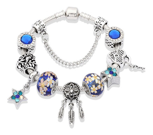 Pulsera Dijes Charms Tonos Azules - Cadena De Serpiente 