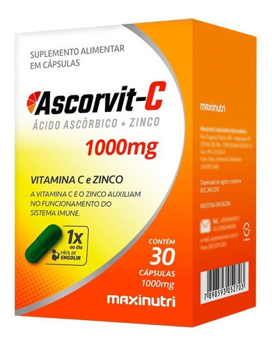 Vitamina C 1000mg + Zinco Ascorvit-c Com 30 Cápsulas