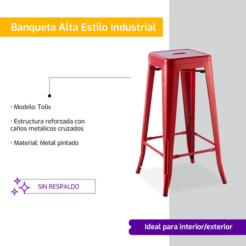 Banqueta Alta Tolix Sin Respaldo Industrial Rojo Mate