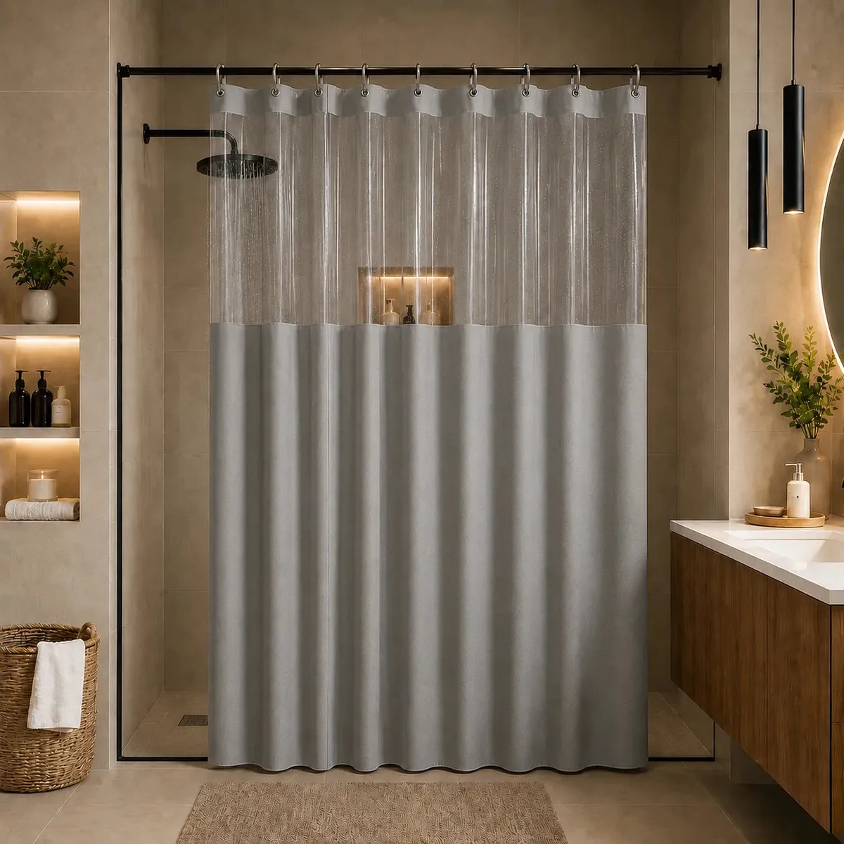 Cortina Box Banheiro Lisa Antimofo Com Visor Transparente - PVC Leve e Elegante Cinza 138x198cm