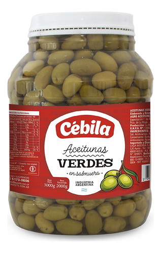 Cébila Aceitunas Verdes Entera En Salmuera 3 kg