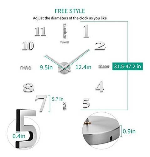 Reloj De Pared 3d Diy Decoración Espejo Sin Marco