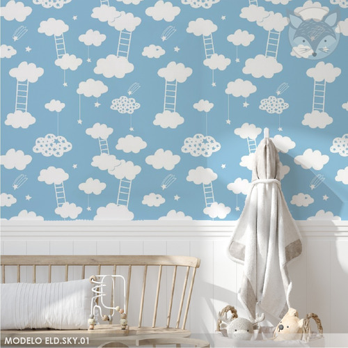 Papel Vinilo Para Pared Infantil Cielo Nubes Espacio 1a5