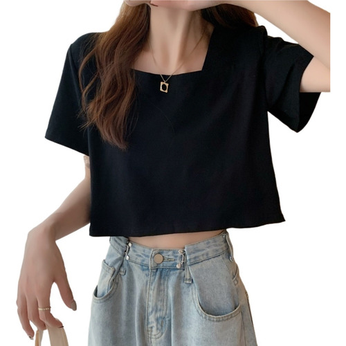 Camiseta Negra Cuello Cuadrado Mc For Mujeres Verano Dulce