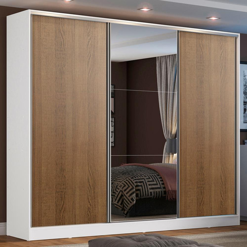 Guarda Roupa Casal 100% Mdf Madesa Zurique 3 Portas Espelho Cor Branco/Rustic XC10639B1E