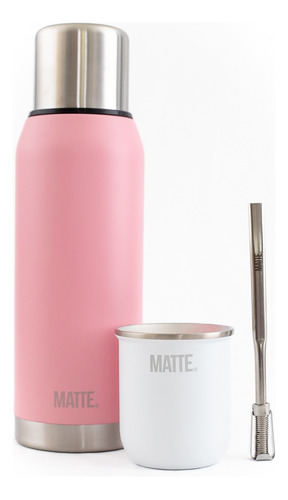 Set Termo Matte Pink 1l + Mate Steel + Bombilla 