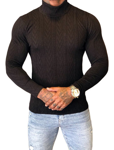 Suéter Tricot Canelado Gola Alta Jacquard Masculino Preto