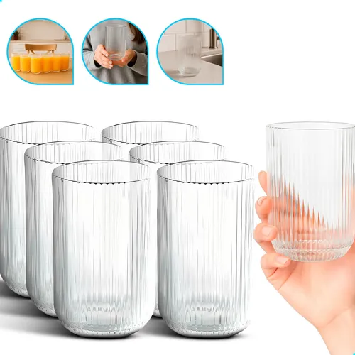 Jogo 6 Copos De Vidro Canelado Cameratta Agua Suco 420ml Transparente