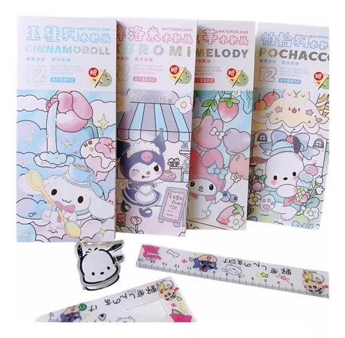 Uma página para colorir com um hello kitty e outros personagens