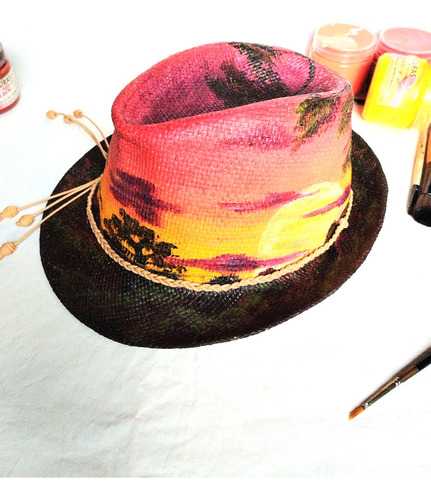 Sombrero Pintado A Mano El Sol  Fedora Hermoso Y Único