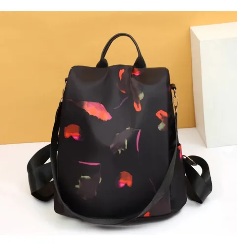 Mochila Antirrobo Cartera Mujer Impermeable Bolso Dama Atrix Color Negro Diseño De La Tela Floreado