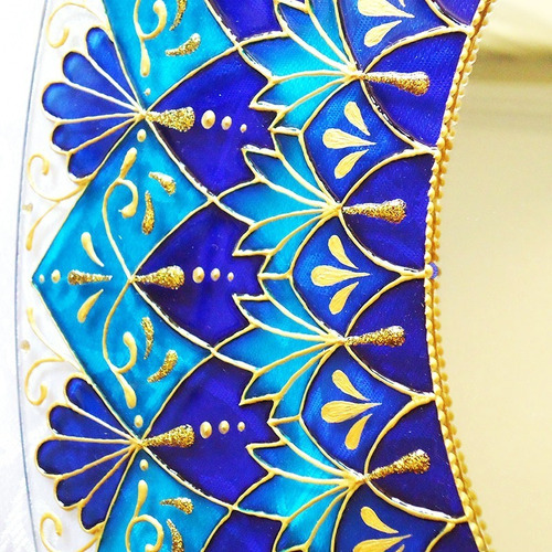 Mandala Azul E Dourada Em Vidro De 50cm E Espelho De 24cm
