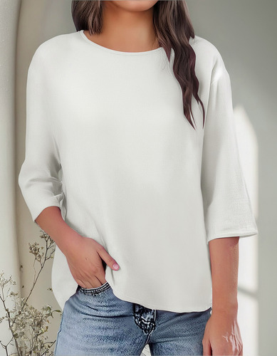Top De Lino Liso De Lino Liso Para Mujer, Manga Corta, Talla