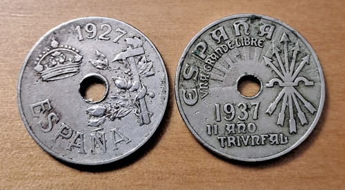 España X 2 Monedas 25 Céntimos 1927 Y 1937. Usadas !!!!