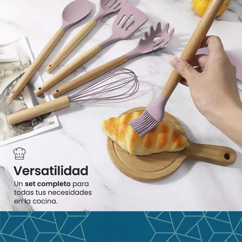 Set Utensilios De Cocina Punta Silicona Mango Madera Kit X12 Negro