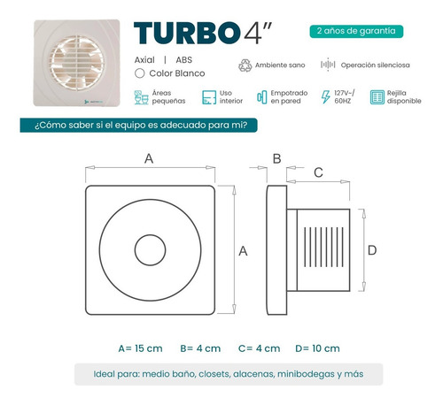 Imagen 3 de 6 de Extractor De Aire Turbo 4 Pulgadas Blanco Masterfan