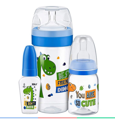 Kit 3 Mamadeiras Infantil Evolution 50/120/300ml Lillo Cor Azul Tubarão