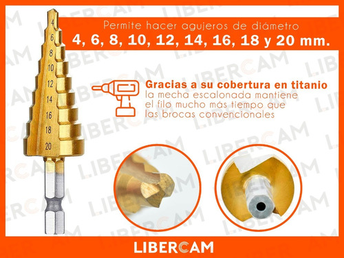 Imagen 7 de 10 de Mecha Escalonada Conica Titanio Taladro 4-20mm Metal Madera