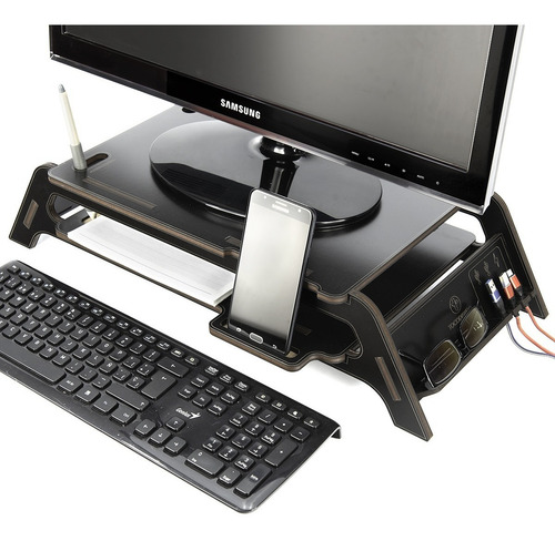 Imagen 2 de 10 de Base Eleva Monitor Pc-notebook Con Porta Celular Y Estante