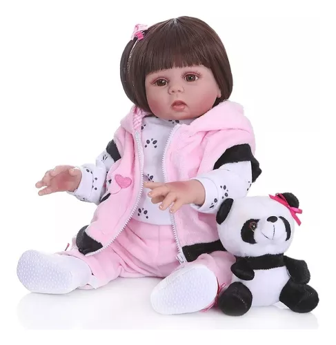 Bebê Boneca Reborn Roupa Panda Olhos Azuis 48cm