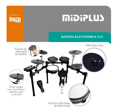 Imagen 7 de 10 de Batería Electrónica Midiplus Ed6 5 Cuerpos 3 Platillos Promo