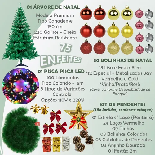 Kit Decoração Vermelho com Dourado para Árvore de Natal 150cm - 01