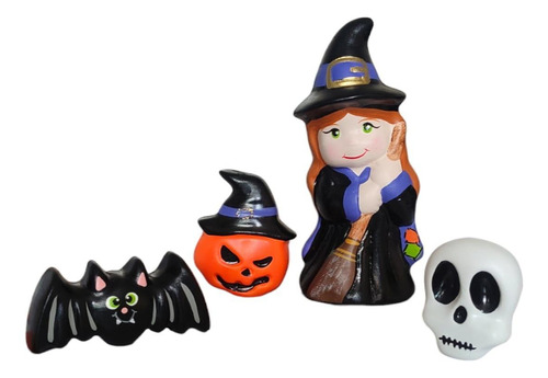 Kit Halloween 4 Peças Bruxa Abobora Caveira Morcego Pequeno