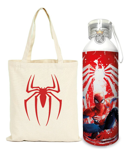Tote Bag Bolsa Spiderman + Botella En Aluminio - Estampaking