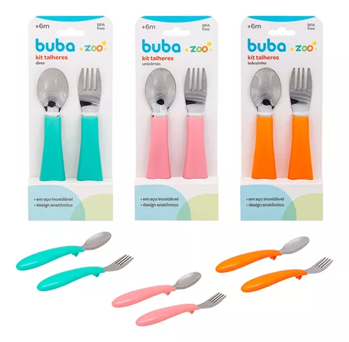 Kit Talheres Colher E Garfo Zoo Infantil Bebê Em Inox Buba