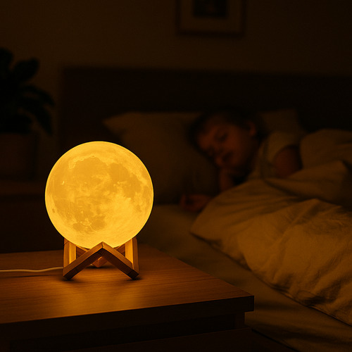 Luminária Lua Cheia 3d Rgb Led Controle Touch Usb Marrom Branco