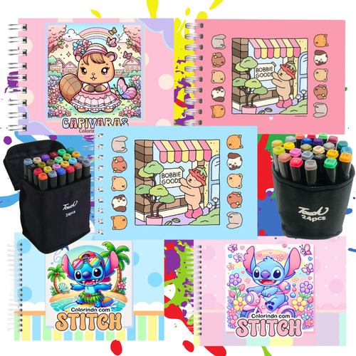 Kit Com 1 Livro De Colorir Bobbie Goods Capa Dura 50 Páginas + Canetinhas Caneta Ponta Dupla Marca Texto De 24 Cores + Bolsa Estojo Brinde Canetas - Livro Bob Goods Colorir Infantil Vários Desenhos