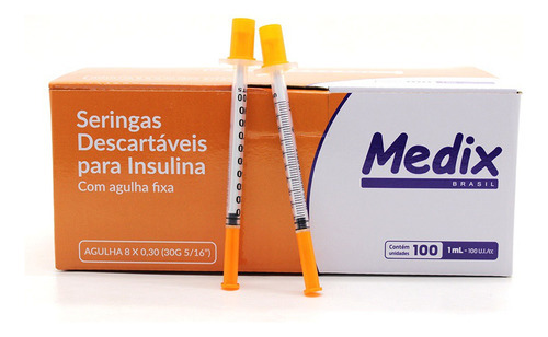 Seringa Insulina Medix 1ml Agulha Fina 8x0,3mm 30g 100 Unid Capacidade em volume 1 mL