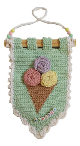 Mini Tapiz Helado Crochet Con Nombre 