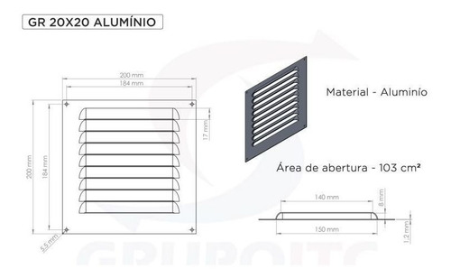 Imagem 5 de 5 de Kit 8 Grades De Ventilação Quadrada De Alumínio Itc 20x20 Cm