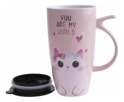 Taza Café Termo De Cerámica Rosa Con Tapa De Gatito