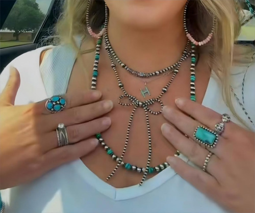 Cuello De Perlas Navajo Con Lazo, Lazo, Vaquera, Vaquera, Va