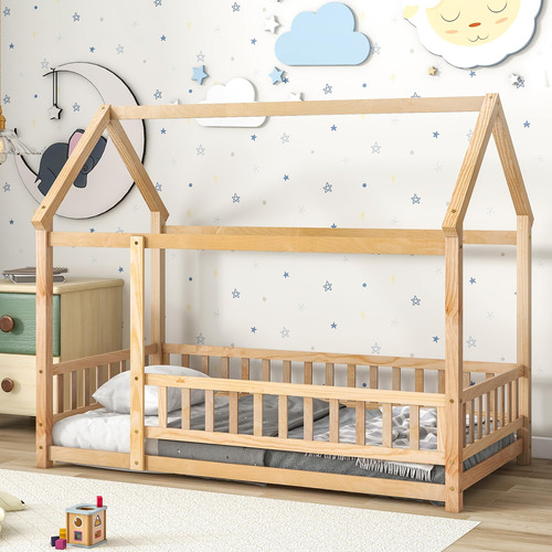 Bellemave Cama Montessori De Madera Con Valla Y Techo Para N